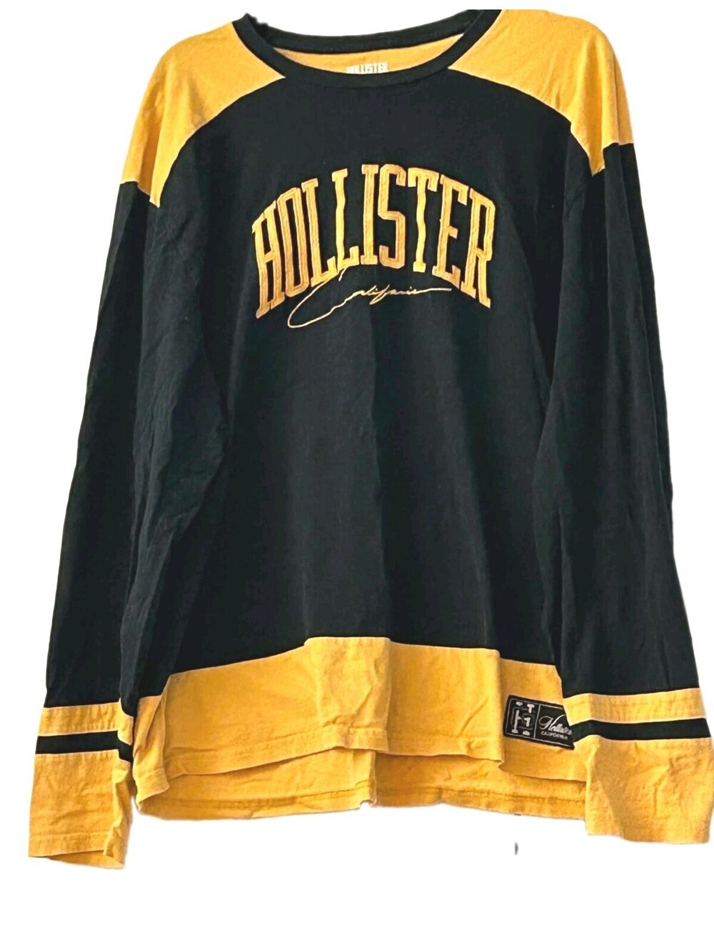 VTG HOLLISTER CO. BLACK GOLD EMBROIDERED LONG SLEEVE JERSEY T-SHIRT Mens Size XL